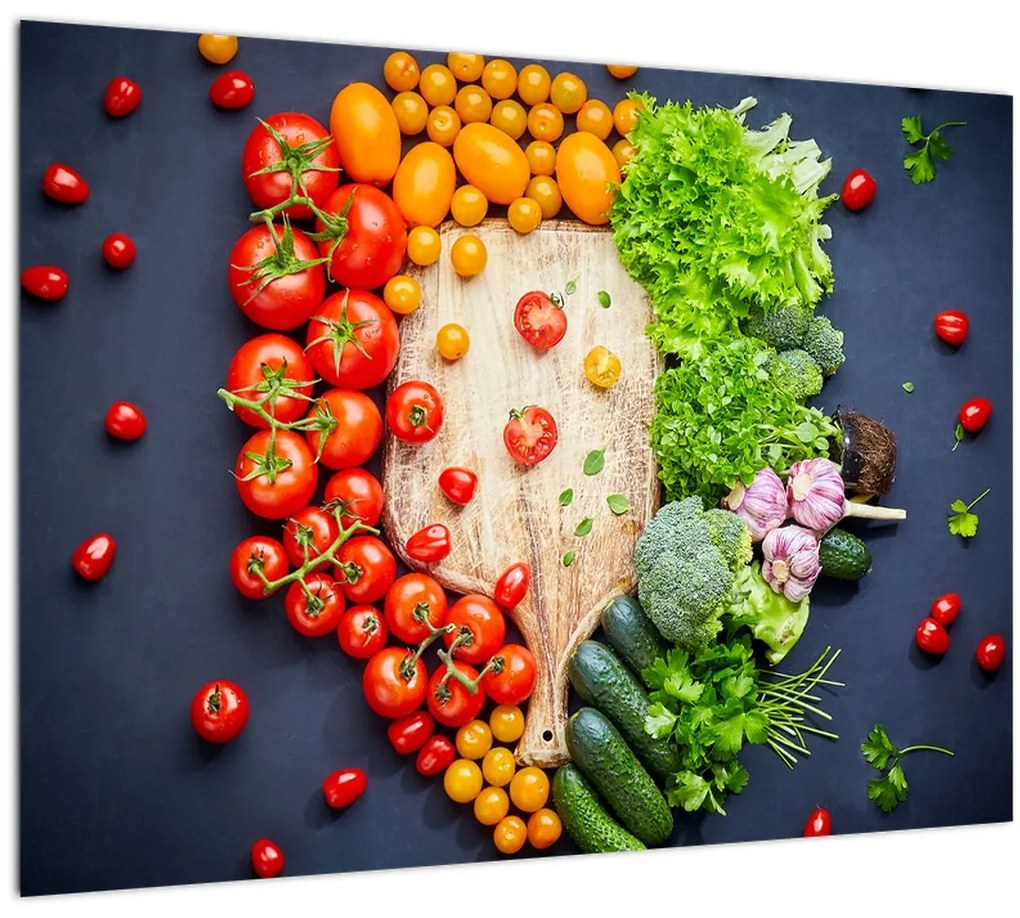 Tablou pe sticlă - Masa plină cu legume (70x50 cm)