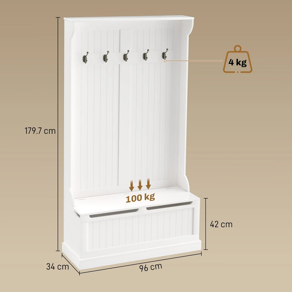 HOMCOM Cuier de Podea cu Bancă pentru Pantofi și 5 Cârlige, MDF, 96L x 34I x 179,7Î cm, Crem | Aosom Romania
