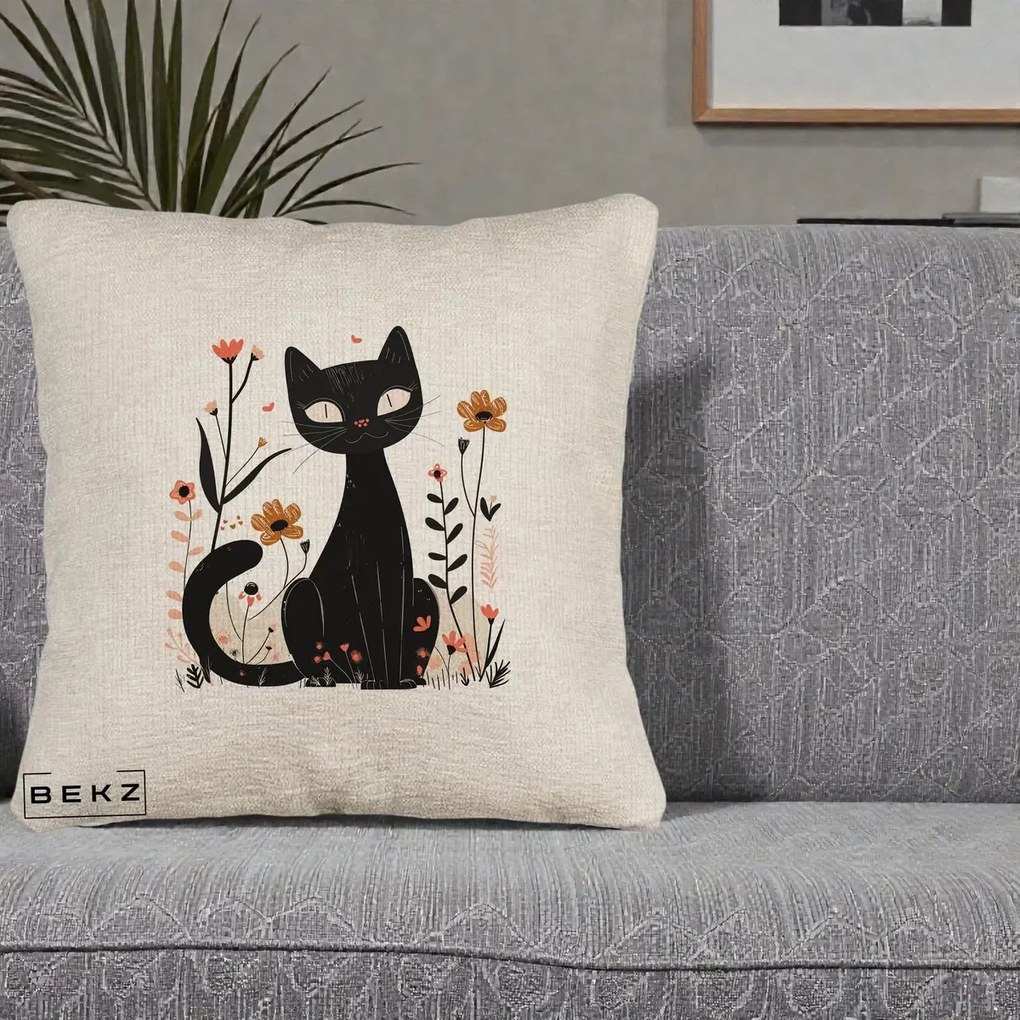 Perna Decorativa Pisica Neagra Flori Pastel Folk, 40x40 cm, Bej Canapea, Husa Detasabila, Perna Inclusa, BEKZ®