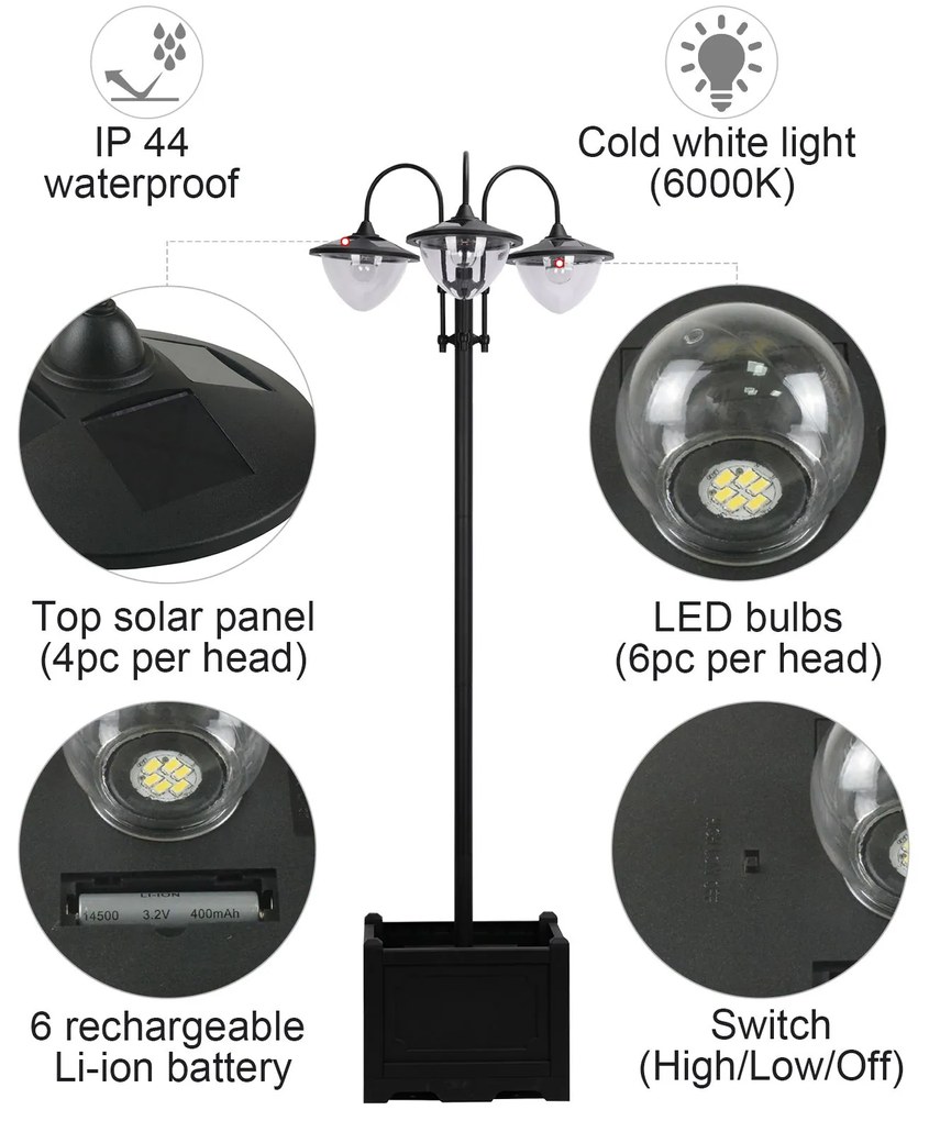 Outsunny Lampadar de grădină Solar LED cu 3 Capete și Jardinieră Integrată, Negru, pentru Grădină și Terasă | Aosom Romania