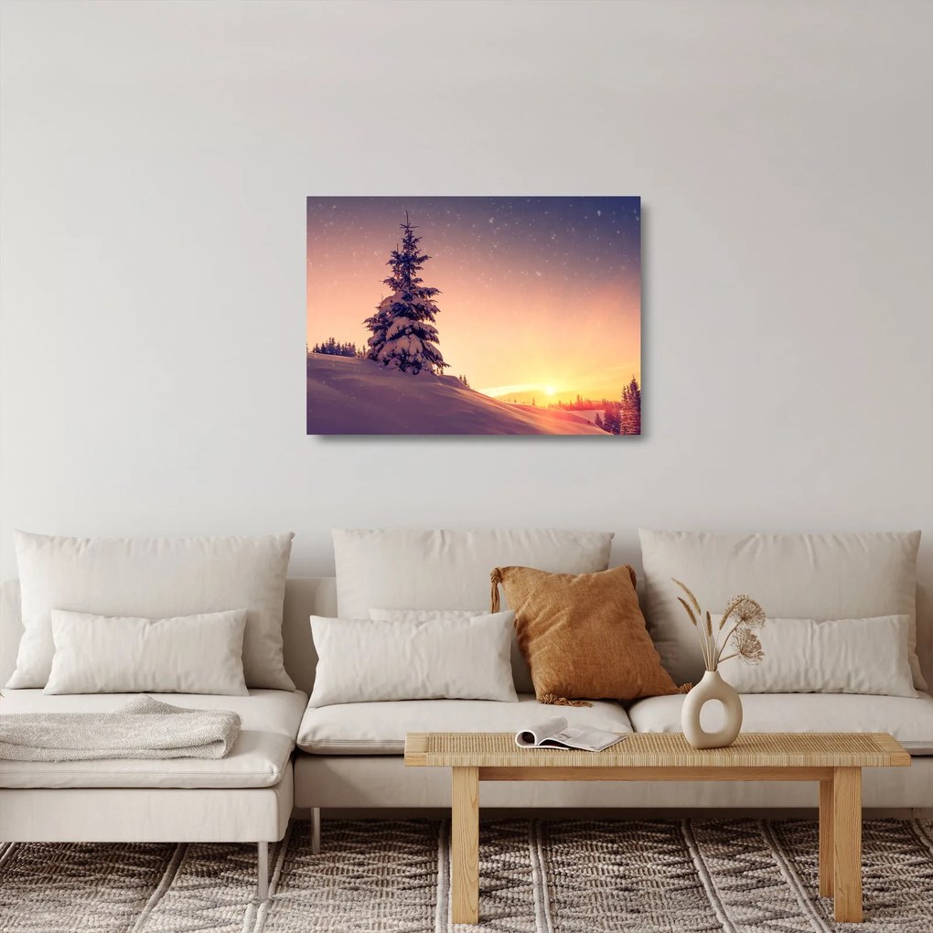 Tablou pe sticlă cu copac înzăpezit pe luncă (70x50 cm)
