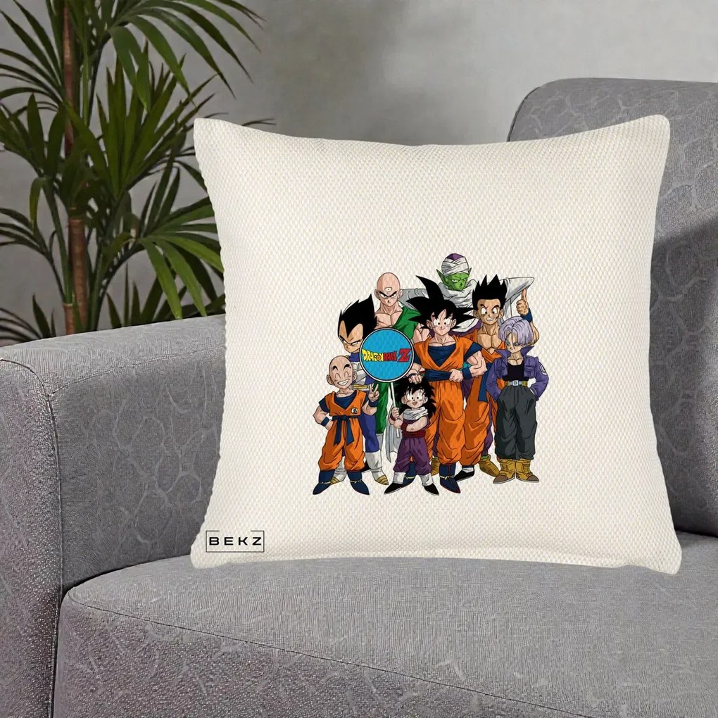 Perna Personalizata Dragon Ball Z Grup Complet, 40x40 cm, Crem Reliefat, Husa Detasabila, Perna Inclusa, BEKZ®