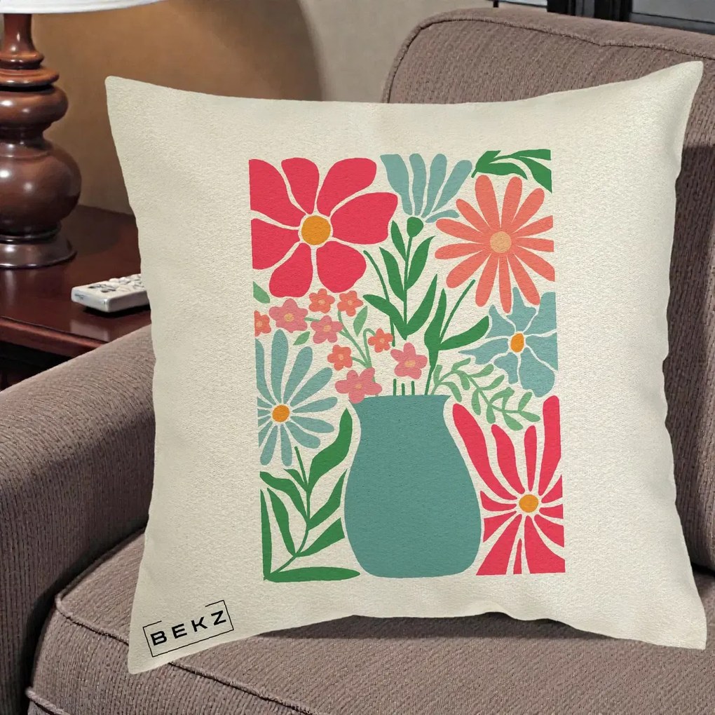 Perna Decorativa Flori in Vaza Turcoaz, 40x40 cm, Ecru, Husa Detasabila, Perna Inclusa, BEKZ®