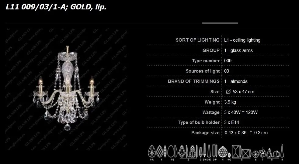 Lustra 3 brate cristal Bohemia L11 009/03/1-A; GOLD, lip.