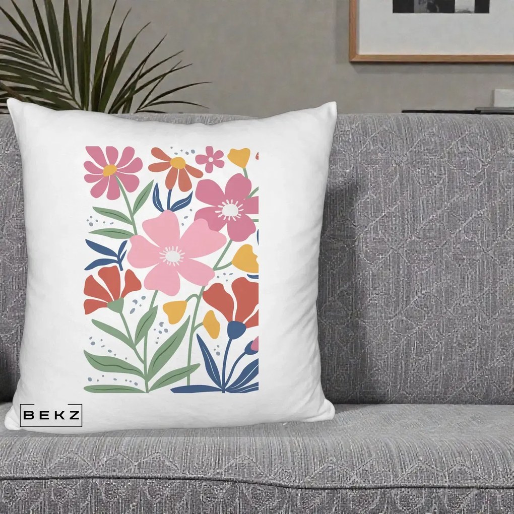 Perna Decorativa Flori Grafice Roz si Terracotta, 40x40 cm, Alb Pufos, Husa Detasabila, Perna Inclusa, BEKZ®