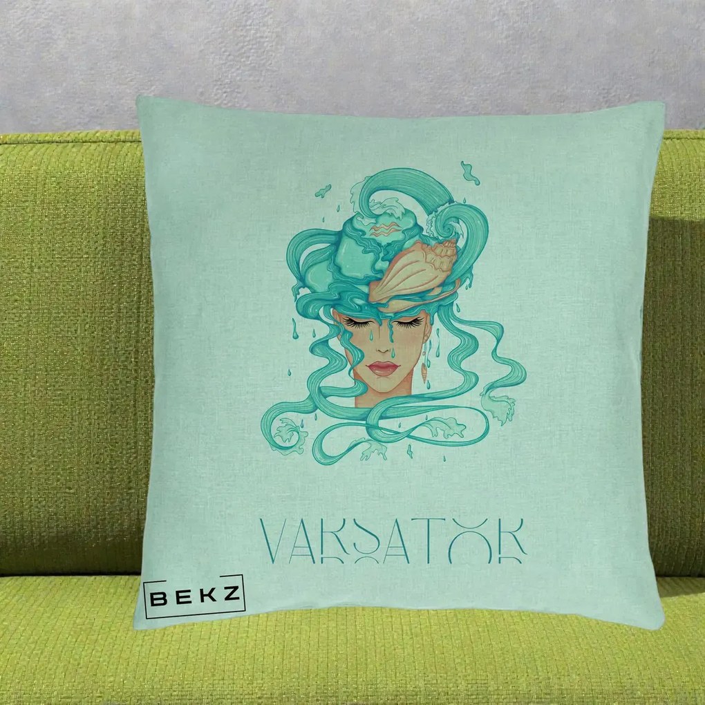 Perna Personalizata Zodiac Varsator Cowgirl, 40x40 cm, Verde Menta, Husa Detasabila, Perna Inclusa, BEKZ®