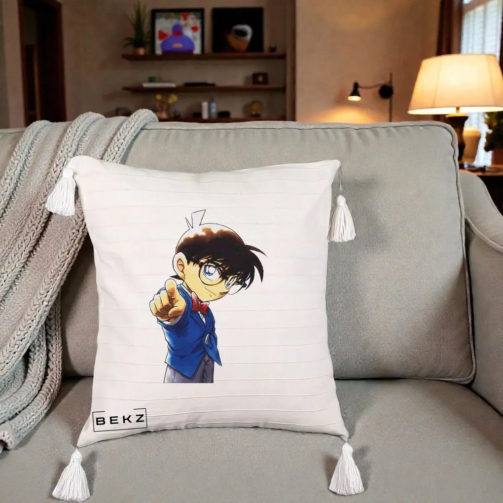 Perna Personalizata Detective Conan Conan Arata, 40x40 cm, Bej cu Franjuri, Husa Detasabila, Perna Inclusa, BEKZ®