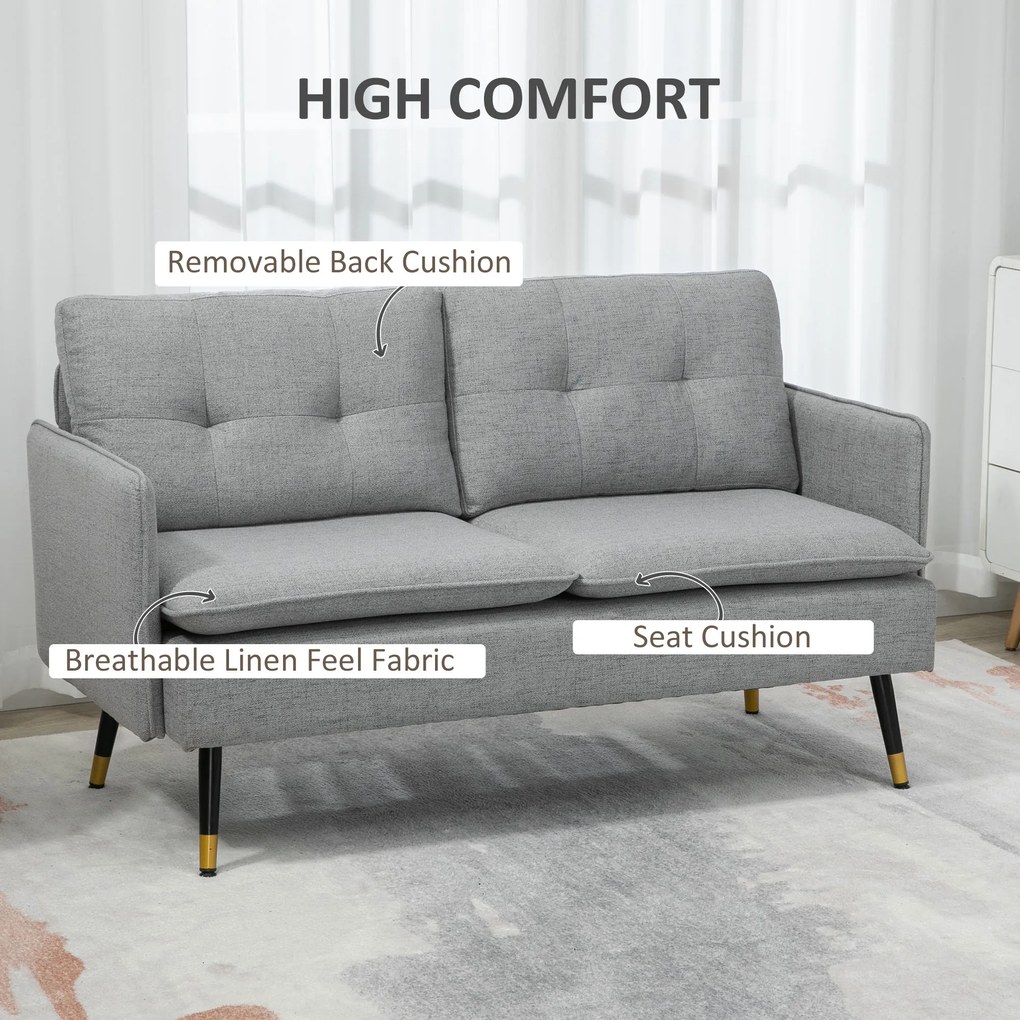 HOMCOM Canapea cu 2 Locuri din Material Textil cu Perne Capitonate, Canapea Modernă cu 2 Locuri cu Picioare din Oțel 139x68x80cm, Gri | Aosom Romania