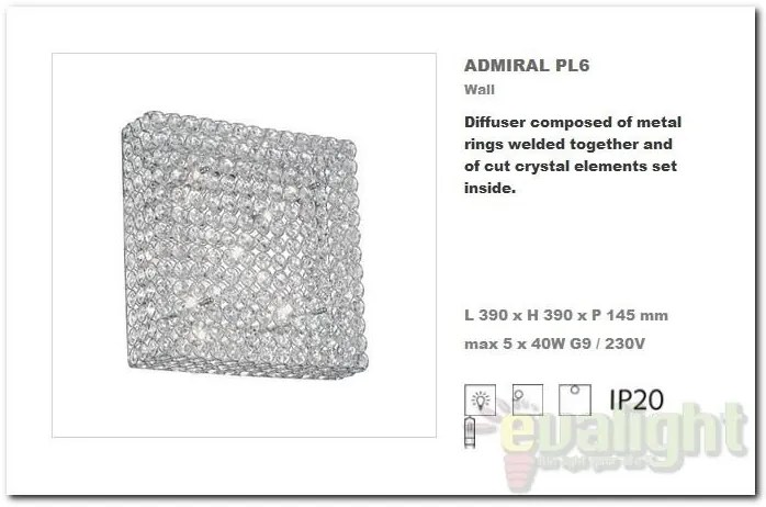 Aplica de perete cristal Venezian dim. 39x39cm ADMIRAL PL6 Cromo