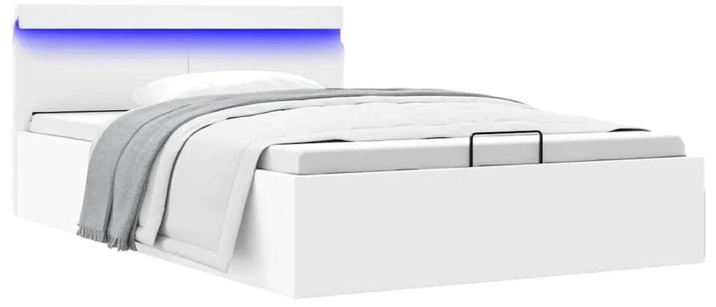 vidaXL Cadru pat hidraulic cu ladă LED alb 120x200 cm piele ecologică
