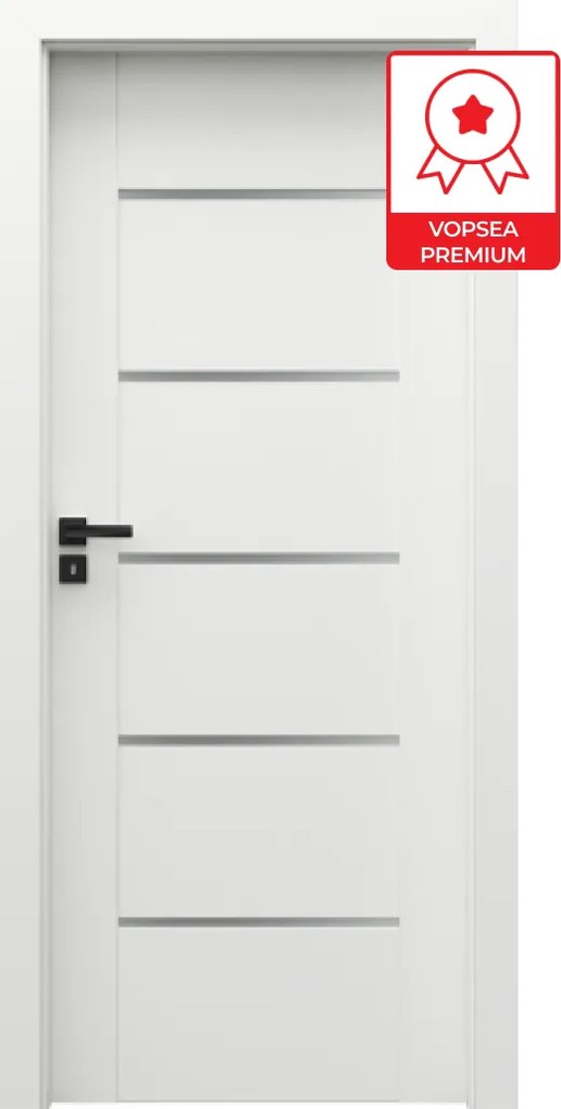 Usa de interior PORTA VERTE PREMIUM cu toc reglabil - Model E5 - Sticla mata 95-140 mm, Alb, Finisaj Lacuit Premium