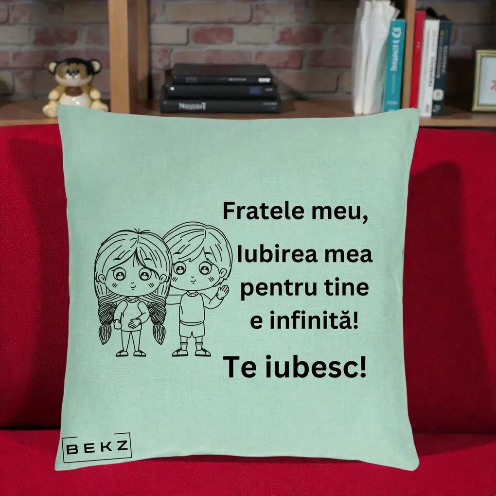 Cadou pentru Frate - Perna Personalizata Fratele Meu Te Iubesc Copii Anime Line Art Negru, 40x40 cm, Verde Menta, Husa Detasabila, Perna Inclusa, BEKZ®