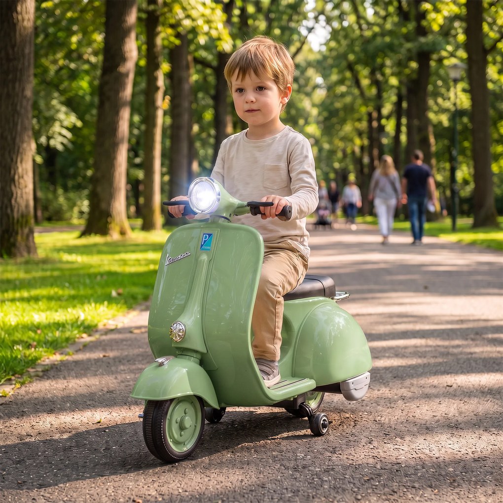 AIYAPLAY Motocicletă Electrică pentru Copii 3+ Ani, Licență VESPA, 6V, cu Roți Ajutătoare Detașabile, Max. 30 kg, Verde | Aosom Romania