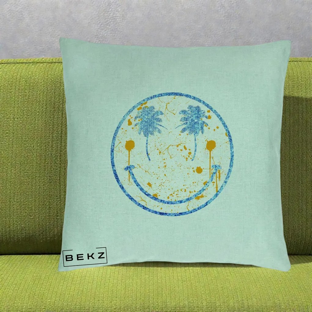 Perna Decorativa Smiley Face Tropical Albastru Glitter si Portocaliu, 40x40 cm, Verde Menta, Husa Detasabila, Perna Inclusa, BEKZ®