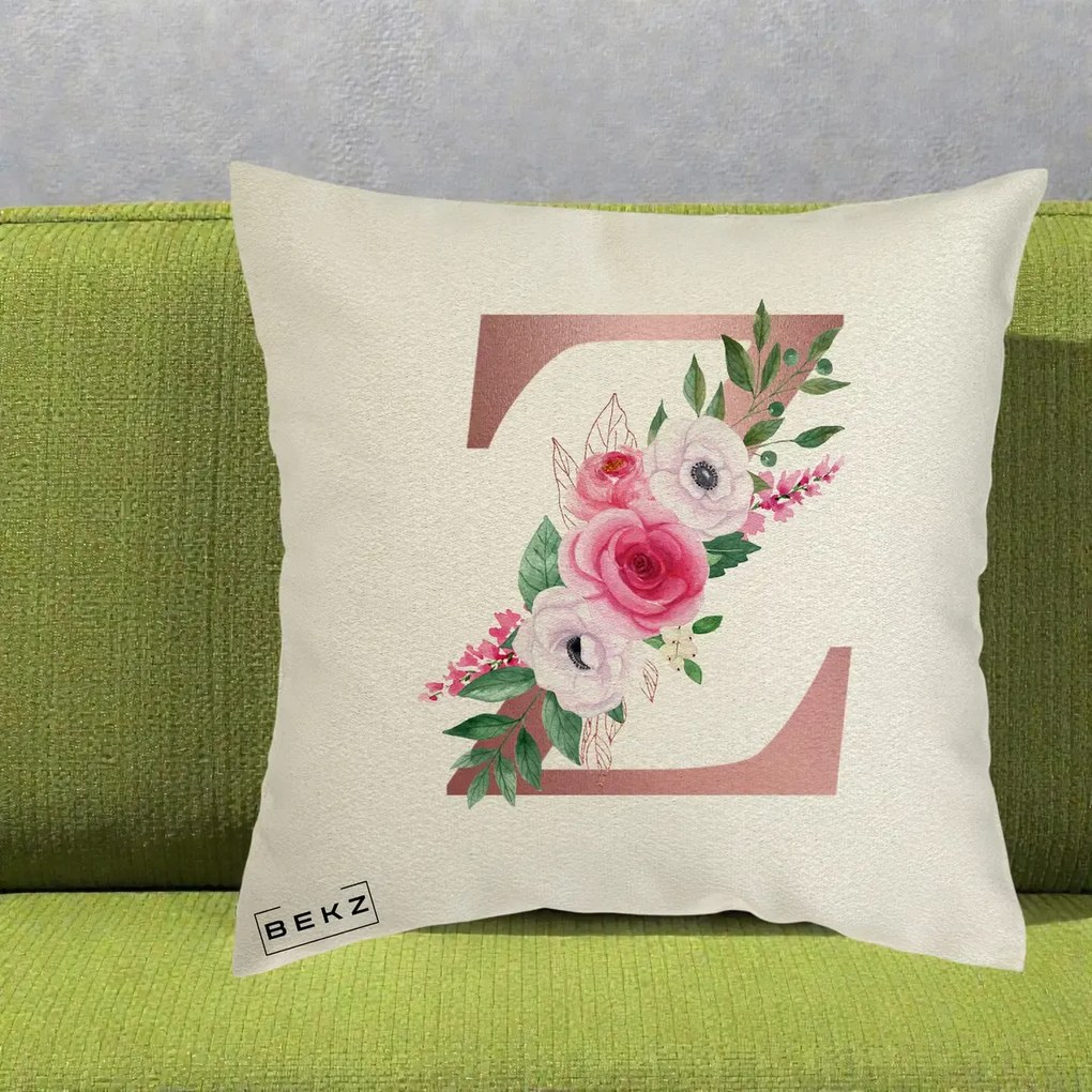 Cadou Personalizat - Perna Personalizata Monograma Rose Gold Litera Z, 40x40 cm, Ecru, Husa Detasabila, Perna Inclusa, BEKZ®