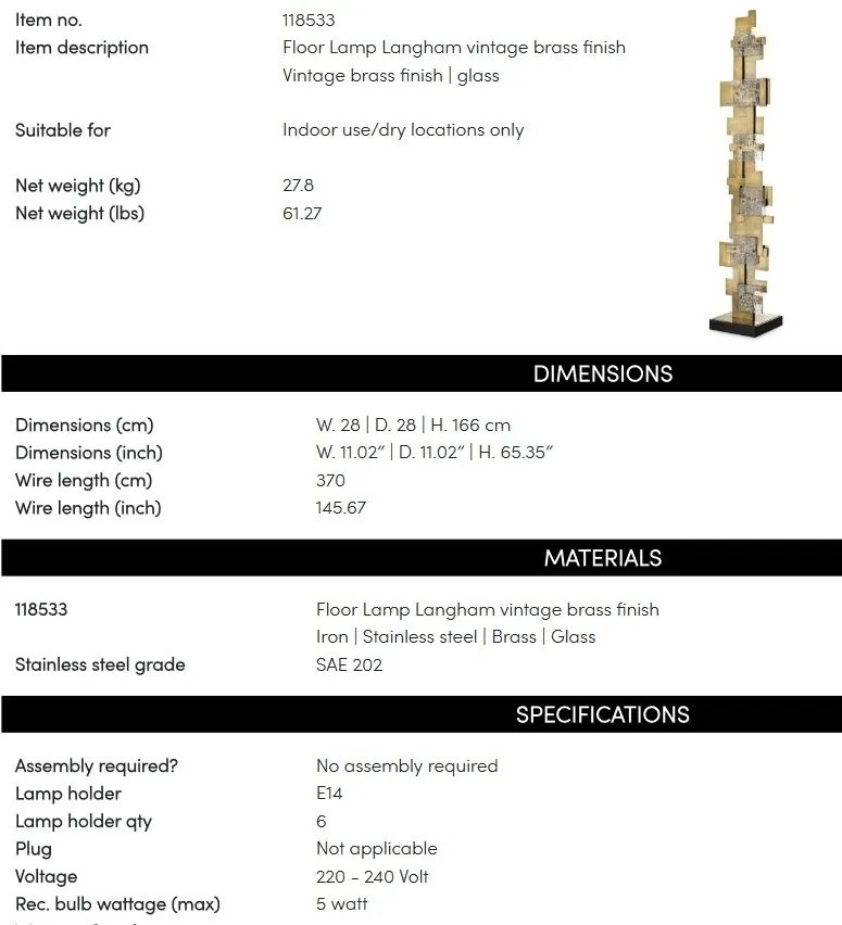 Lampadar, Lampa de podea design LUX Langham