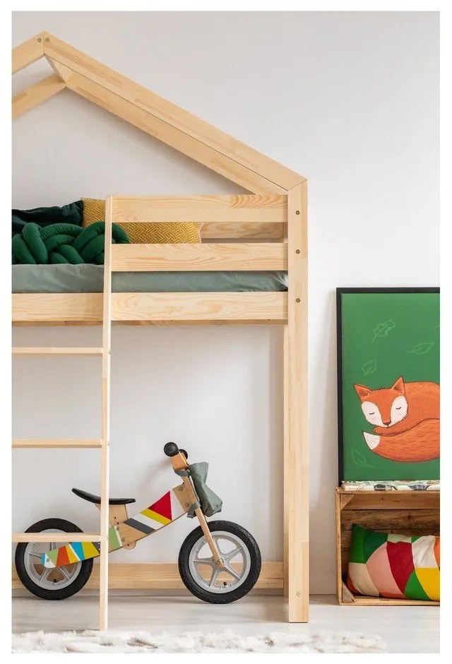 Pat supraetajat din lemn de pin, în formă de căsuță Adeko Mila DMPA, 90 x 200 cm