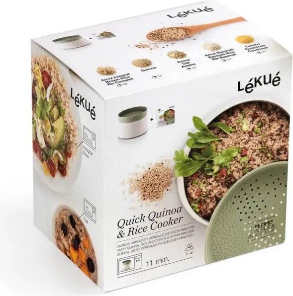 Vas de gatit orez si quinoa la cuptorul cu microunde Lekue 1009033, 1 L, până la 4 porții, 17,8 x 13 cm, -20/+100°C, Alb/Verde