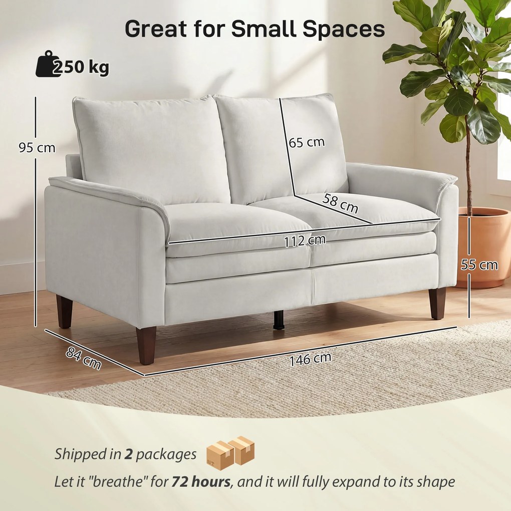 HOMCOM Canapea 2 locuri 146 cm, canapea chenille cu căptușeală în două straturi, pernă cu arcuri, șezut adânc, spătar înalt, alb crem | Aosom Romania