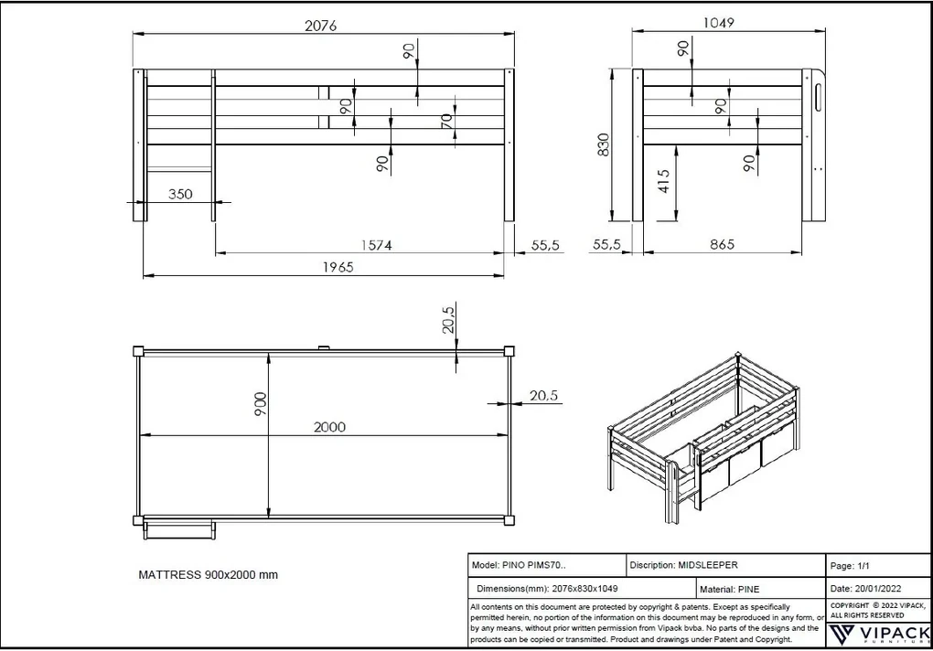 PINO SET DE 3 SERTARE PENTRU Pat copii MATRIMONIAL H85CM GRI