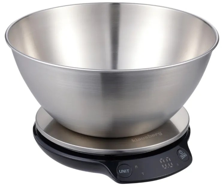 Cantar de bucatarie cu bol Klausberg KB 7939, 5 Kg, Bluetooth, Aplicatie mobila, LED, Tare, Lichide, 4 valori nutritive, Inox