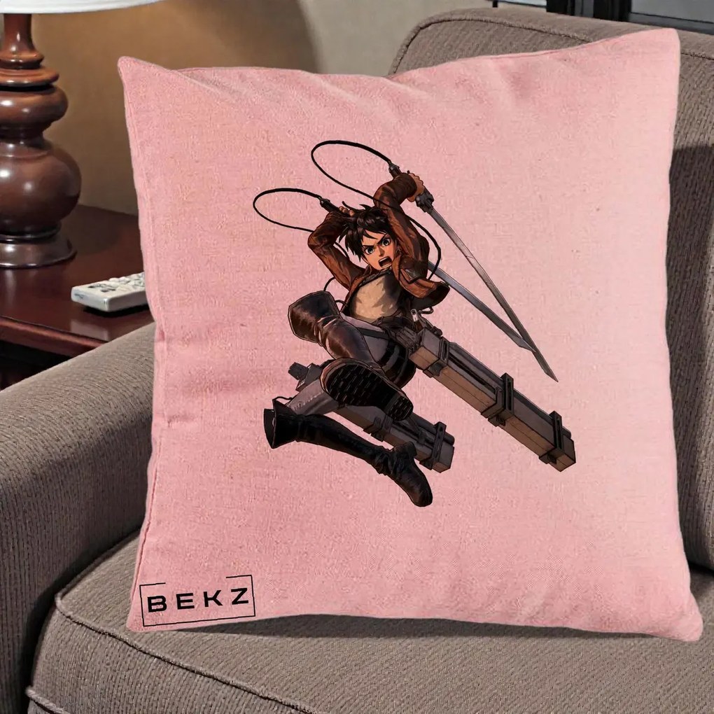 Perna Personalizata Attack on Titan Eren Yeager Lupta, 40x40 cm, Roz, Husa Detasabila, Perna Inclusa, BEKZ®