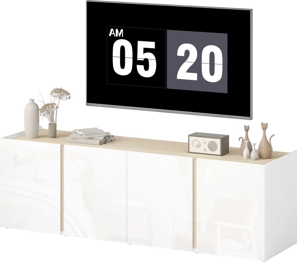 HOMCOM Comodă TV, banc TV cu 4 uși cu închidere amortizată, etajeră reglabilă și orificii pentru cabluri, 135 x 38 x 45 cm, alb | Aosom Romania