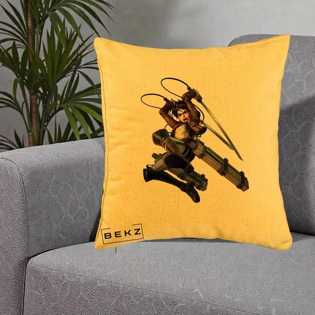 Perna Personalizata Attack on Titan Eren Yeager Lupta, 40x40 cm, Galben, Husa Detasabila, Perna Inclusa, BEKZ®