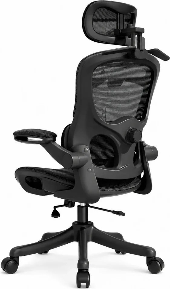 Scaun ergonomic cu șezut din plasă și suport lombar dinamic, tetiera 3D, cotiere rabatabile, Negru