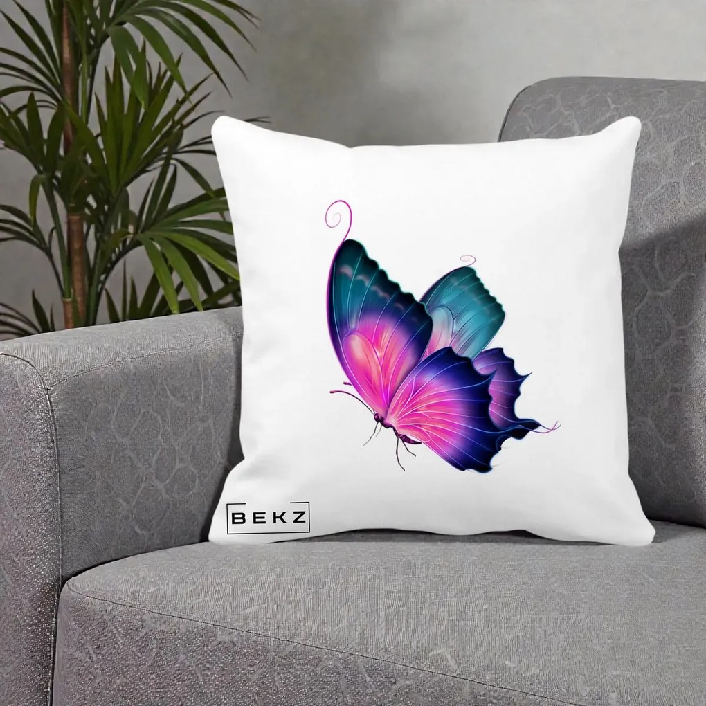 Perna Decorativa Fluture Neon, 40x40 cm, Alba Mata, Husa Detasabila, Perna Inclusa, BEKZ®