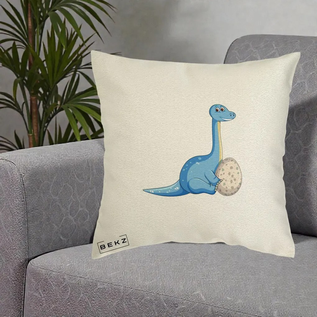 Perna Decorativa Brontosaur cu Ou, 40x40 cm, Ecru, Husa Detasabila, Perna Inclusa, BEKZ®