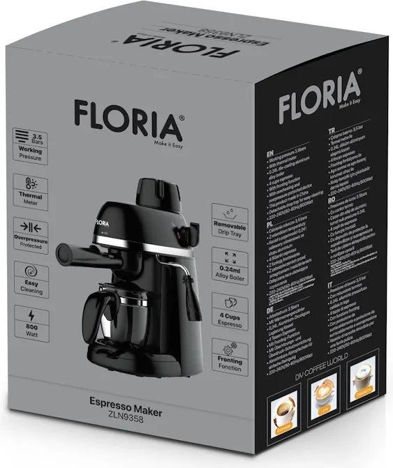 Espressor Floria ZLN9358 Negru, putere 800W, presiune de 3.5 bari, usor de curatat