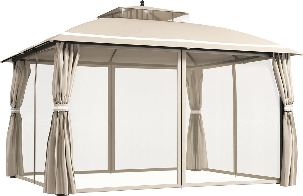 Outsunny Pavilion pentru Exterior cu Baldachin, Acoperiș Dublu, Plasă și Draperii, 370x303x290 cm, Bej | Aosom Romania
