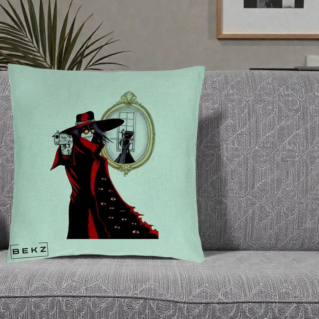 Perna Personalizata Hellsing Alucard cu Pistoale, 40x40 cm, Verde Menta, Husa Detasabila, Perna Inclusa, BEKZ®
