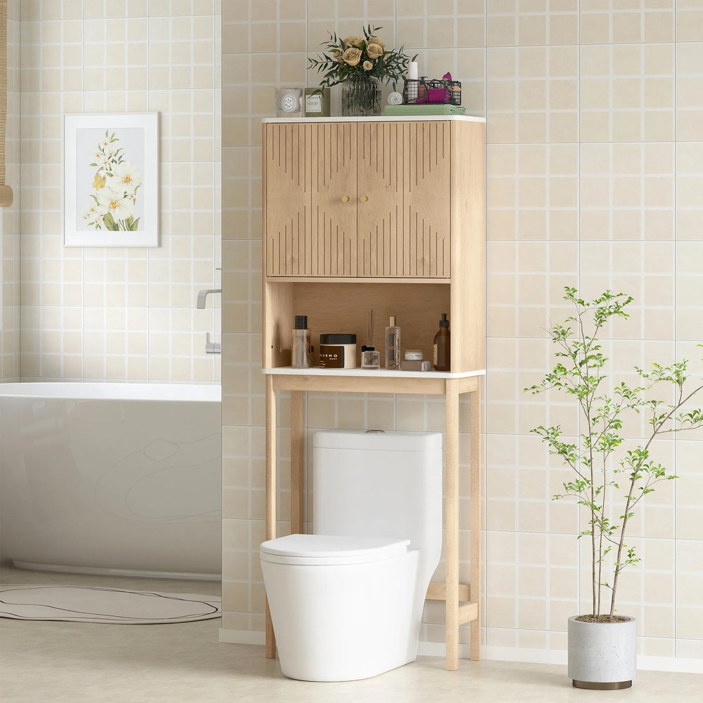 HOMCOM Dulap pentru WC deasupra toaletei, corp depozitare WC cu dulap cu uși duble și rafturi  66 x 25 x 168 cm, stejar | Aosom Romania