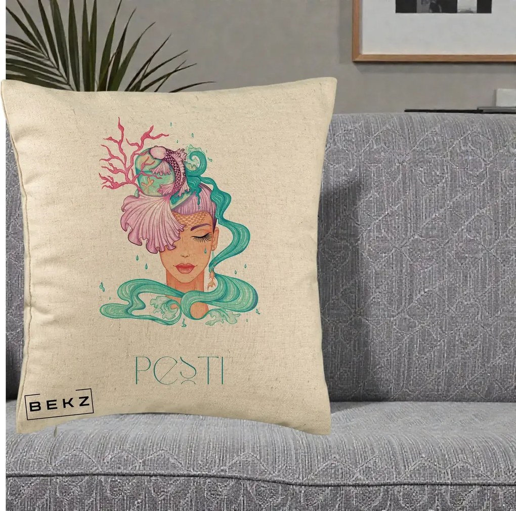 Perna Personalizata Zodiac Pesti Cowgirl, 40x40 cm, Bej, Husa Detasabila, Perna Inclusa, BEKZ®