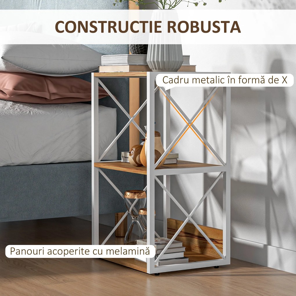 Mobilier Rastel Librarie 3 Rafturi cu Schelet in Otel Alb si Rafturi in Lemn 40x35x72.5cm HOMCOM | Aosom Romania