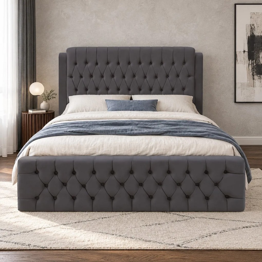 Pat tapițat din catifea Aveline 160×200 cm, gri închis, cu ladă de depozitare