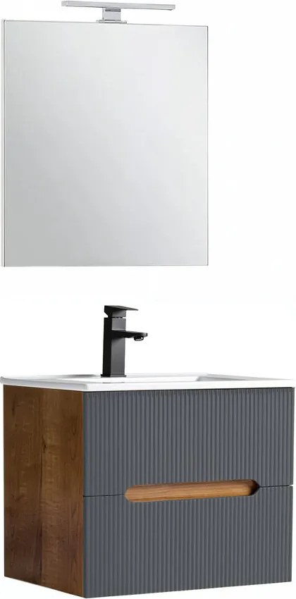 Trent mobilier de baie 60 cm chiuvetă ceramică (2 sertare) cu oglindă 60x80 cm stejar sunset-antracit gri