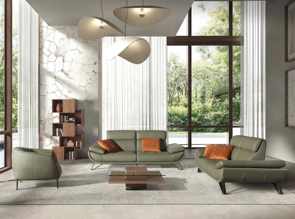 Canapea 3 locuri, tapitata cu piele naturala, spatar rabatabil Verde masliniu