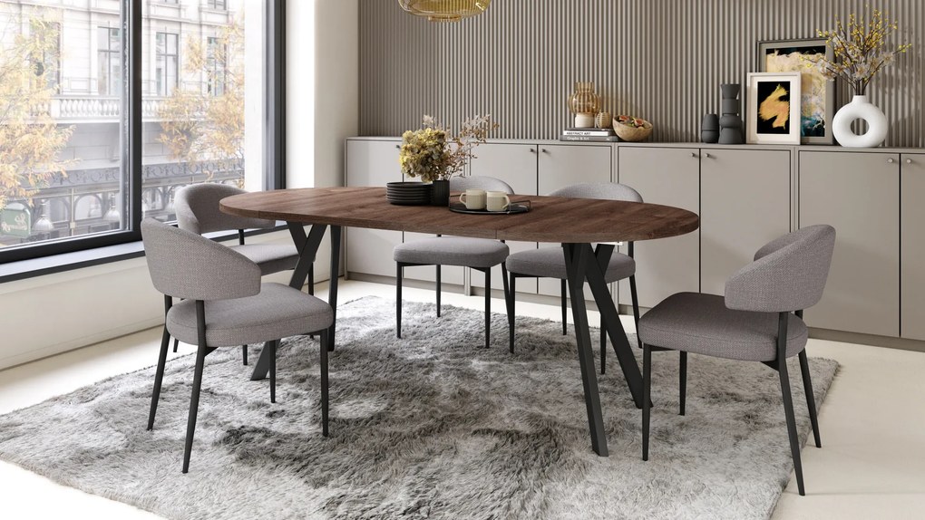 Mazzoni ALMO Stejar Maro/picioare negre - MASĂ ROTUNDĂ EXTENSIBILĂ CU PICIOARE ÎN FORMĂ DE Y STIL LOFT PENTRU SALON/SUFRAGERIE