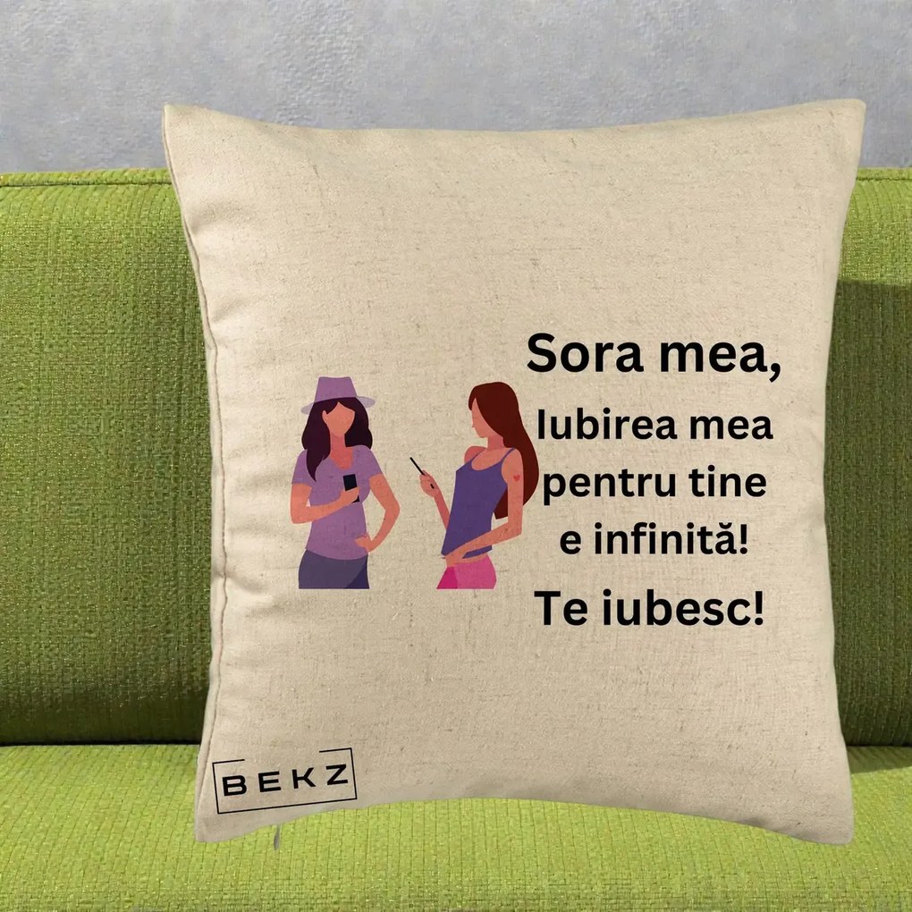 Cadou pentru Sora - Perna Personalizata Sora Mea Te Iubesc Doua Fete cu Telefoane, 40x40 cm, Bej, Husa Detasabila, Perna Inclusa, BEKZ®