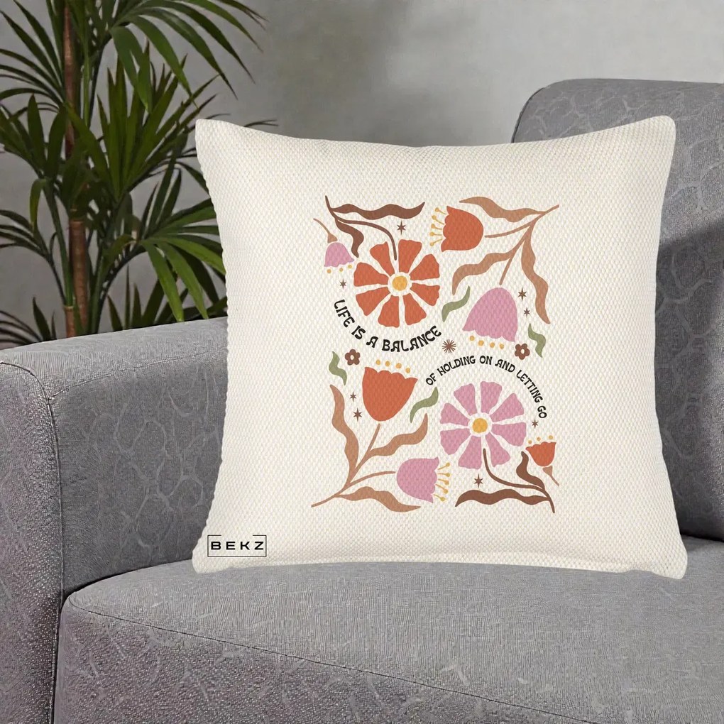 Perna Decorativa Life is a Balance Floral, 40x40 cm, Crem Reliefat, Husa Detasabila, Perna Inclusa, BEKZ®