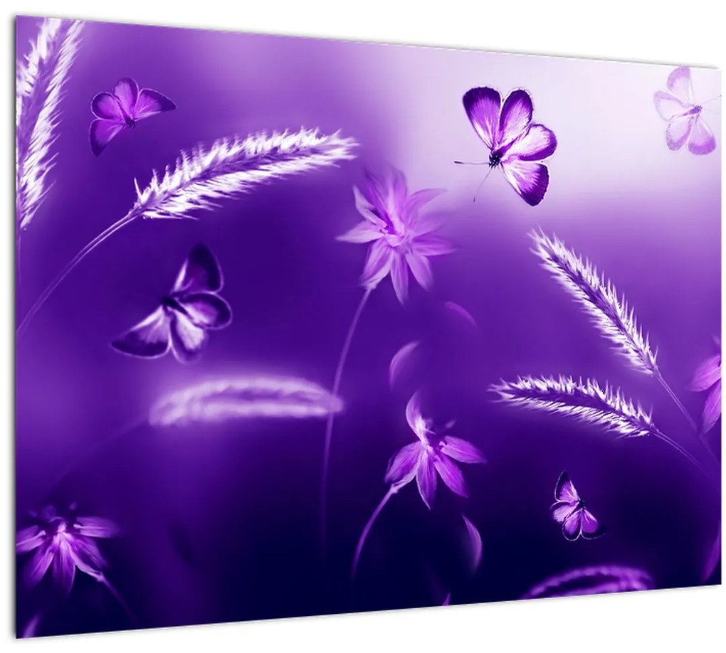 Tablou pe sticlă - Lunca cu fluturi (70x50 cm)