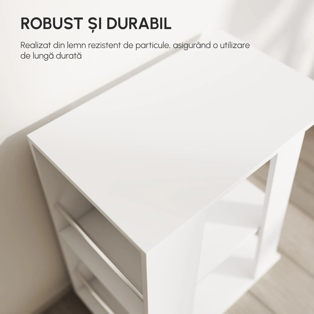 HOMCOM Cărucior Bucătărie din Lemn, 2 Rafturi Deschise, Pe Roti, Design Pragmatic, Alb 60x38x77cm | Aosom Romania