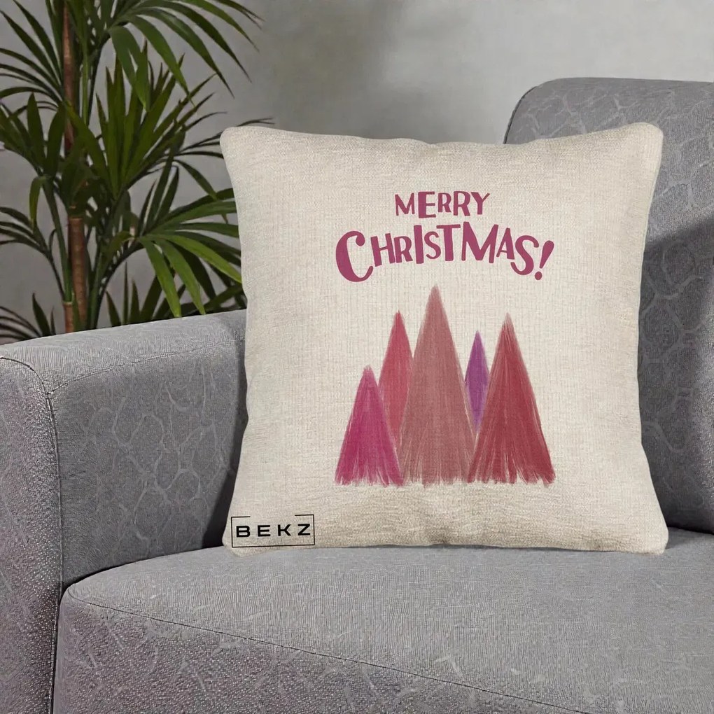 Perna Decorativa Merry Christmas Brazi Roz, 40x40 cm, Bej Canapea, Husa Detasabila, Perna Inclusa, BEKZ®