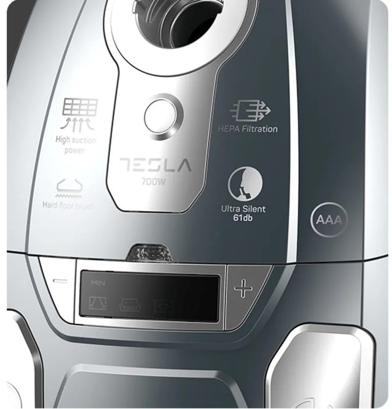 Aspirator cu sac Tesla BG600G, 700W, 3 litri, Filtru lavabil HEPA, 61 dB, Gri
