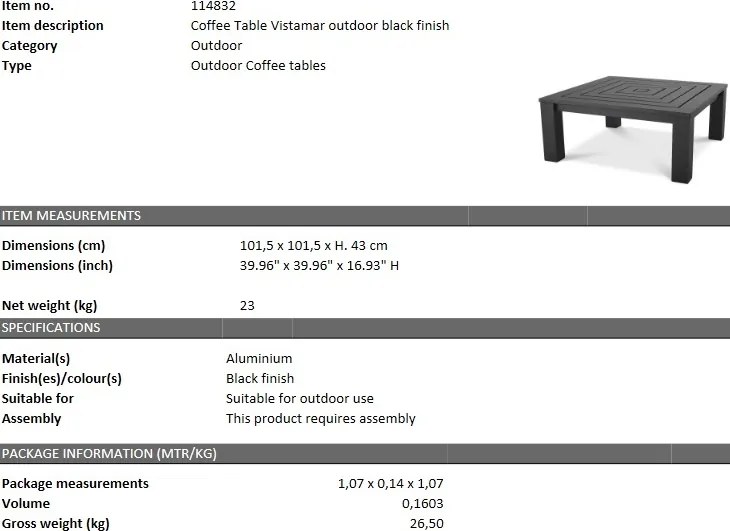 Masuta de cafea pentru interior/ exterior design LUX din aluminiu Vistamar negru 114832 HZ