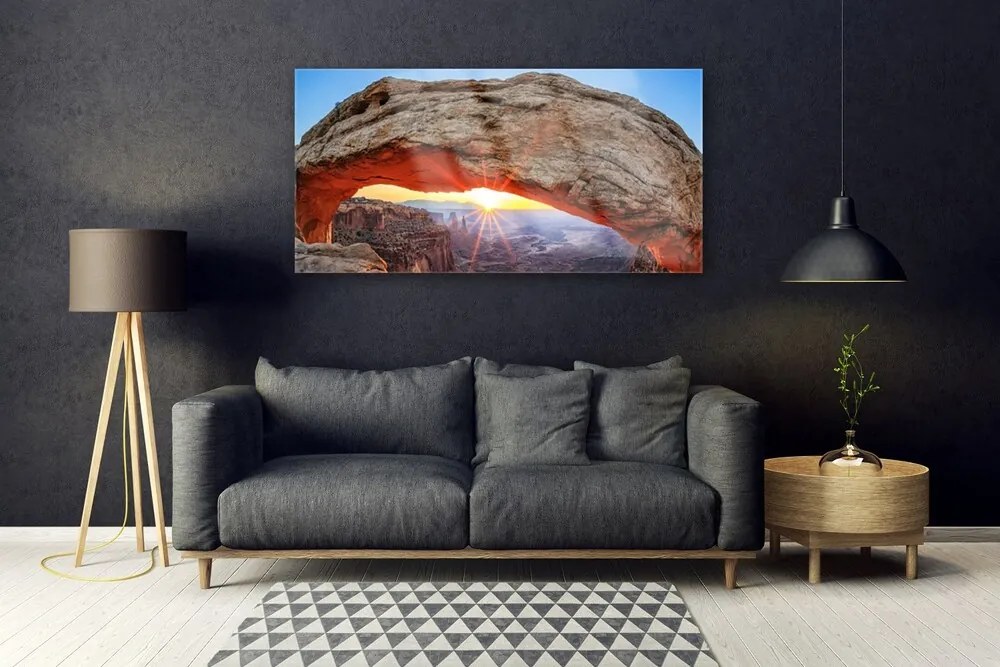 Tablouri acrilice Rock Sun Peisaj Gri Portocaliu Galben