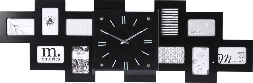 Ceas de perete cu 10 rame negre pentru fotografii, 80 x 4 x 26 cm